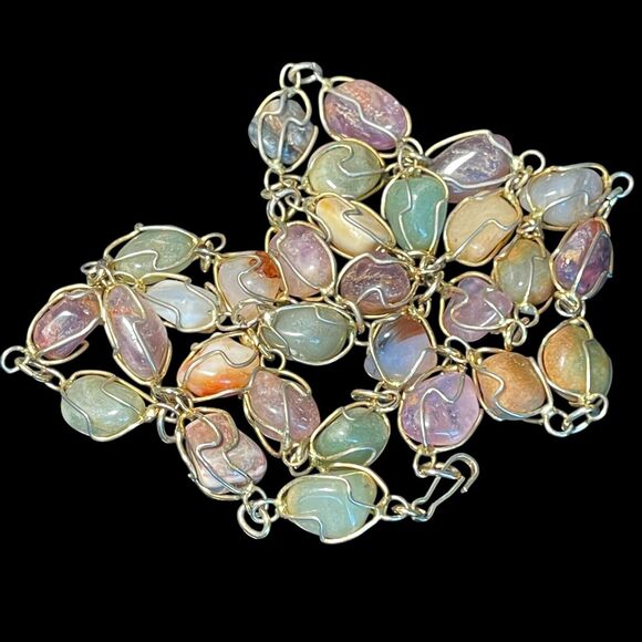 Vintage Artisan Wire Wrapped Semi Precious Stone Cage Necklace Handmade - Picture 2 of 9